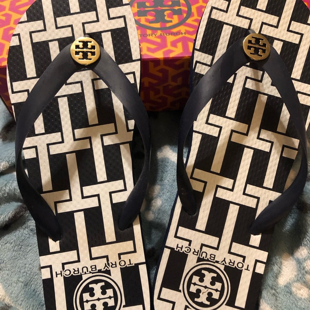 Tory Burch Navy Blue  and White Flip Flops